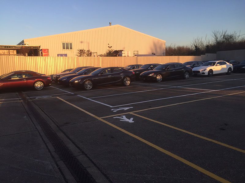 Freshly painted new car park line marking scheme